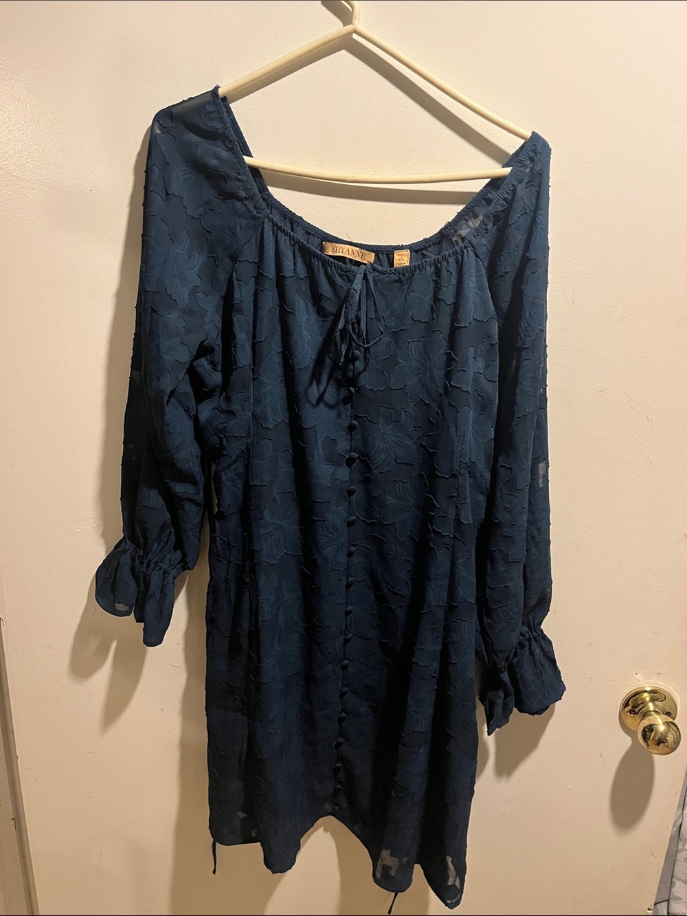 Shyanne Navy Blue Long Sleeve Floral Textured Dress